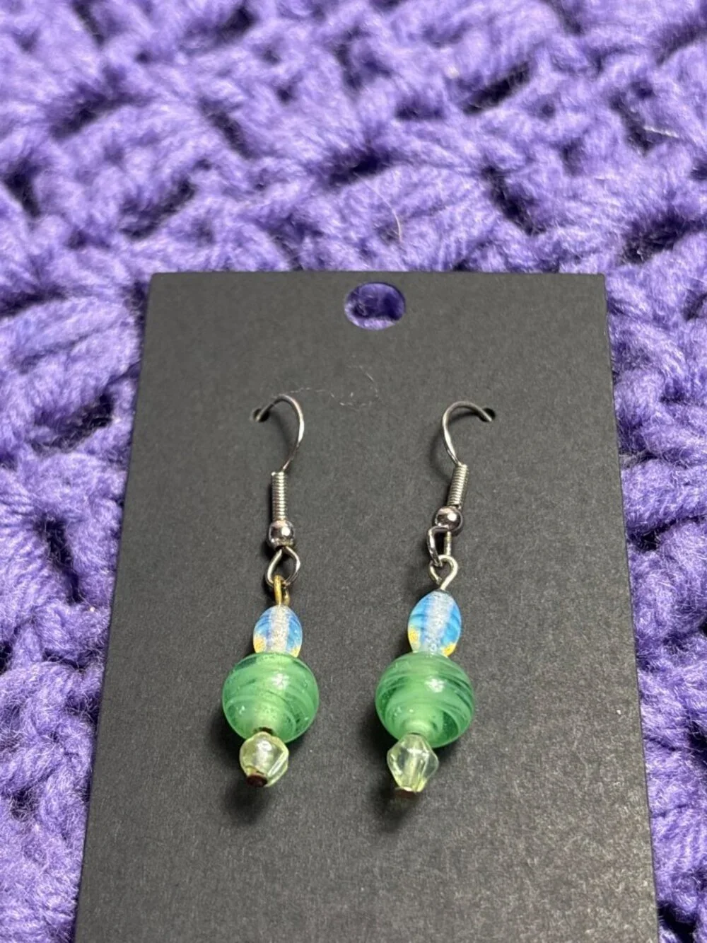 Green Opalite Clear Glass Beaded Dangle Earrings 1 inch